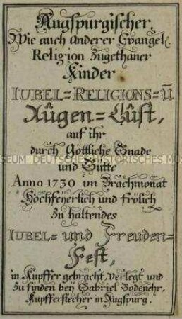 ... Jubel-Religions- und Augen-Lust... - Titelseite eines Albums zum 200. Jahrestag der Augsburger Konfession (oben rechts)