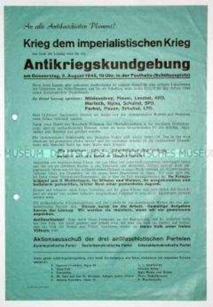 Aufruf des Aktionsausschusses von KPD, SPD und LDP in Plauen zu einer Antikriegskundgebung