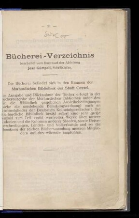 Bücher-Verzeichnis der Deutschen Kolonialgesellschaft, Abtlg. Kassel