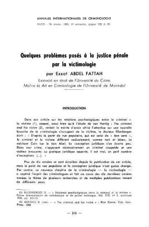 335-361, Quelques problèmes posés à la justice pénale par la victimologie