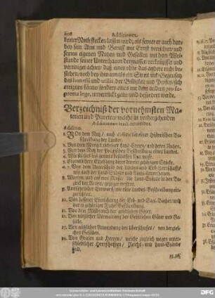Verzeichniß der vornehmsten Materien und Puncten/ welche in vorhergehenden Additionen tractiret werden.