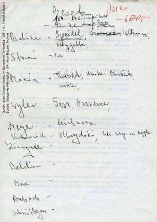 Besetzungsvorschläge, handschriftlich von Artur Brauner