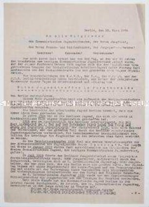 Hektografiertes Rundschreiben des KJVD zu einem Jugendtreffen anlässlich des 10. Jahrestages der Gründung einer kommunistischen Jugendorganisation unter Karl Liebknecht
