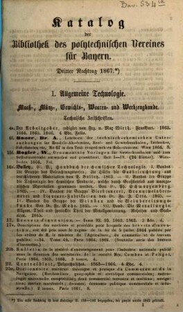 Katalog der Bibliothek des Polytechnischen Vereines für Bayern. 1867 = Nachtr. 3