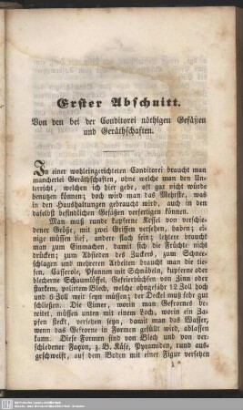Erster Abschnitt. Von den bei der Conditorei nöthigen Gefäßen und Geräthschaften