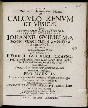 Disputatio Inauguralis Medica De Calculo Renum Et Vesicae