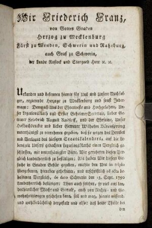 Wir Friederich Franz, von Gottes Gnaden Herzog zu Mecklenburg [...]