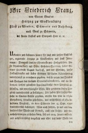 Wir Friederich Franz, von Gottes Gnaden Herzog zu Mecklenburg [...]
