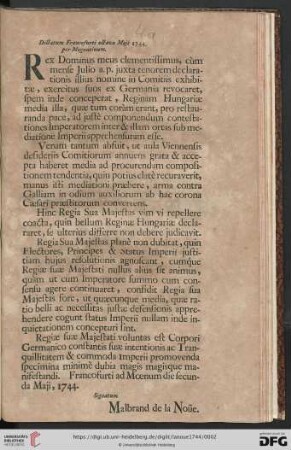 Dictatum Francofurti octava Maji 1744. Per Moguntinum