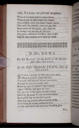 To Mrs. Rowe. On her Elegy on the death of the Honourable Mrs. Thynne. By ... John, Earl of Orrery