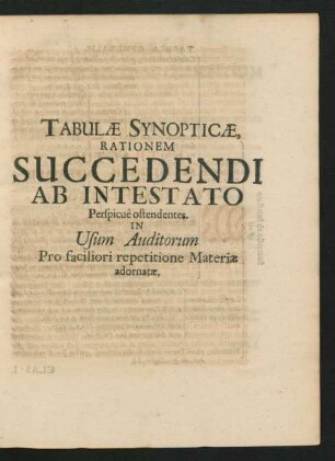 Tabulae Synopticae, rationem Succedendi Ab Intestato Perspicue ostendentes.