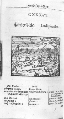 Kinderspiele : Kinderspiele, S. 530. Holzschnitt; 164 x 100 mm (Blattgröße). Aus: Comenius, Johann Amos: Orbis sensualium pictus quadrilinguis. Noriberga: Michael & Friedrich Endter, 1666. Dresden: SLUB Ling.var.312