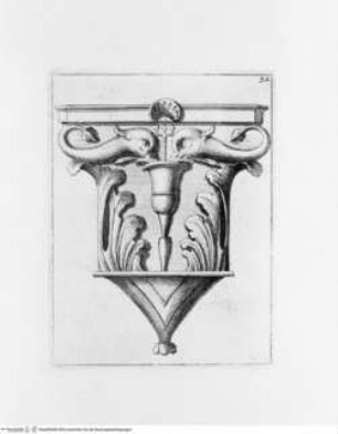 Memorie concernenti la città di Urbino dedicate alla Sagra Real Maestà di Giacomo III Re della Gran Bretagna, Tafel 32.: Kapitellkonsole mit Delphinornament (Urbino, Palazzo Ducale, Treppenhaus, Gewölbeansatz)