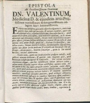 Epistola Ad Excellentissimum Dominum DN. Valentinum [...]