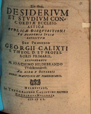 Desiderium et studium concordiae ecclesiasticae publicae disquisitioni ... expositum