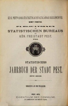 Statistisches Jahrbuch der Stadt Pest : 1. Jahrg. (XVI, 356 S.) Von Josef Körösi