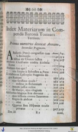Index Materiarum Compendii Baronii Tomum Tertium.