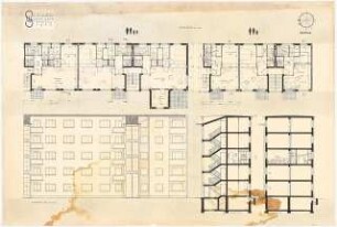 Wohnungsbau Berlin-Prenzlauer Berg Schinkelwettbewerb 1950: Grundrisse 1:50, Ansicht Westseite, Schnitte