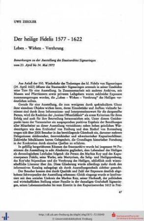 Der heilige Fidelis 1577-1622. Leben - Wirken - Verehrung. Bemerkungen zu der Ausstellung des Staatsarchivs Sigmaringen.