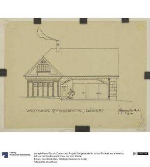 Darmstadt, Projekt Stallgebäude für Julius Glückert, erste Version, Aufriss der Westfassade