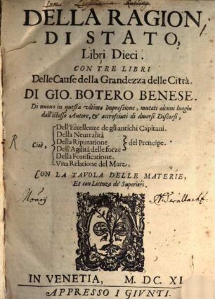 Della Ragion di Stato : libri dieci ; con tre libri delle cuase della grandezza delle città