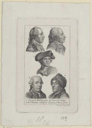 Gruppenbildnis von General Washington, General Gates, Dr. Franklin, Präsid. Laurens und Paul Jones