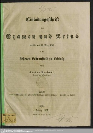 1860/61: Einladungsschrift zum Examen und Actus ... in der Höheren Lehranstalt zu Leisnig