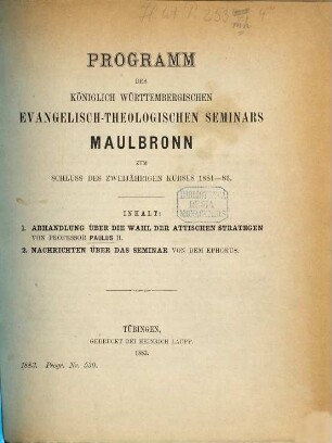 Programm des Königlich-Württembergischen Evangelisch-Theologischen Seminars Maulbronn. 1882/83