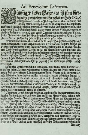 Schütz, Heinrich: Symphoniae sacrae, Teil II op. 10 : Schütz, Heinrich: Symphoniae sacrae, Teil II op. 10. Erste Seite der Vorrede im Stimmbuch Bassus pro Violone. Dresden: Gimel Bergen Erben, 1647. Buchdruck (zweifarbig); 26,8 x 18,7 cm. Dresden: SLUB Mus.1479-E-2