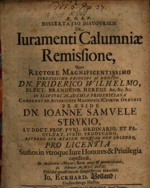 Dissertatio Inauguralis De Iuramenti Calumniae Remissione
