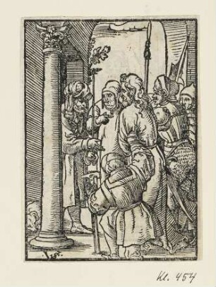 Christus vor Pilatus, aus: Georg Rhau, "Hortulus Animae", Nürnberg 1558, S. R8 recto