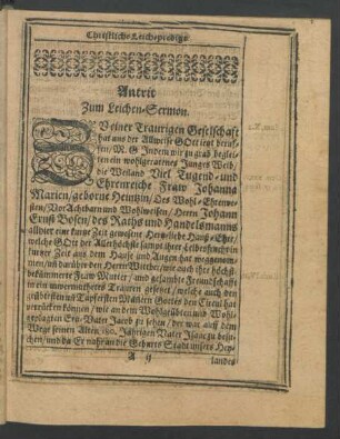 Antrit Zum Leichen-Sermon.