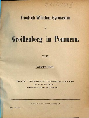 Friedrich-Wilhelms-Gymnasium zu Greifenberg in Pommern : Ostern .... 29. 1880/81 (1881)