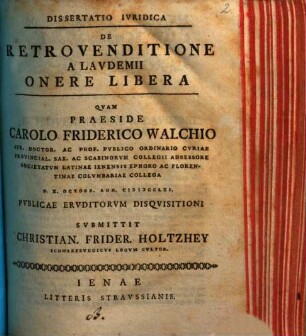 Dissertatio Ivridica De Retrovenditione A Lavdemii Onere Libera