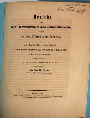 Bericht über die Realschule des Johanneums : womit zu der öffentlichen Prüfung, welche mit den Schülern dieser Anstalt ... in der Aula des Johanneums gehalten werden soll ... einladet ..., 1846