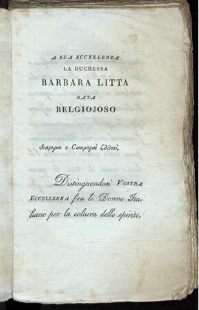 A Sua Eccellenza La Duchessa Barbara Litta Nata Belgiojoso