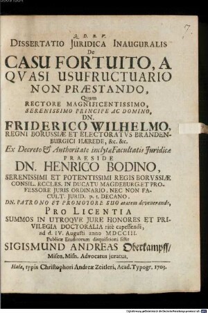 Dissertatio Juridica Inauguralis De Casu Fortuito, A Qvasi Usufructuario Non Praestando