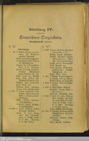Abteilung IV. Häuserbuch : Abteilung IV. Einwohner-Verzeichnis. Straßenweise geordnet