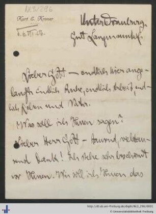 Nachlass Emil Gött (NL 3/296) : Brief von Kurt Kroner an Emil Gött