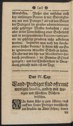 Das IV. Cap. Land-Prediger sind ofte mit wenigen Studiis, anbey mit wenigen und schlechten Büchern versehen