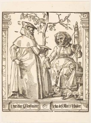 Eine Frau, die die Tochter der sitzenden Großmutter an einer Spindel vorstellt (L Jar eine Großmutter. LX jar des Alters Schuder)