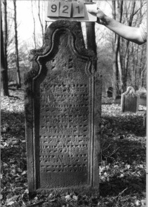 Grabstein 921 (Index: 99753203) Material: Sandstein Zustand: leicht verwittert Maße HxBxT: 128x54x10 cm Beschreibung: Stele, geschwungen eingezogener Rundbogenabschluß, Schriftfeld eingetieft: Grabstein 921