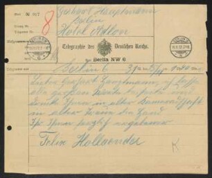 Brief von Felix Hollaender an Gerhart Hauptmann