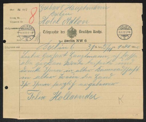 Brief von Felix Hollaender an Gerhart Hauptmann