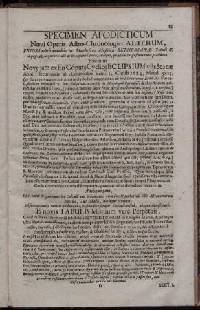 Speciem Apodicticum Novi Operis Astro-Chronologici Alterum [...]