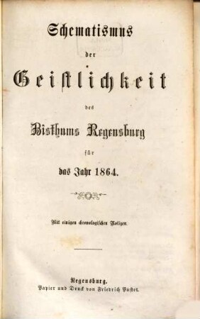 Schematismus des Bistums Regensburg. 1864, 1864