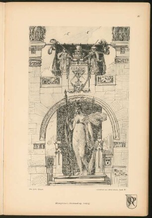 Dekorative Komposition: Perspektivische Ansicht (aus: Skizzen. Architektonische und Dekorative Studien und Entwürfe von Otto Rieth. Zweite Folge, 30 Blatt Handzeichnungen in Lichtdruck, zweite um zehn neue Blatt vermehrte Ausgabe, Leipzig 1896, Tafel 22)