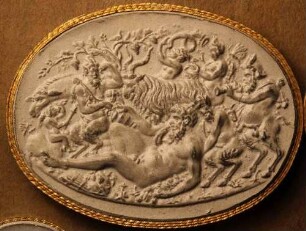 Der betrunkene Silenus wird von einem Satyrn gestützt (Daktyliothek, Das Alterthum nach Lippert und Visconti)