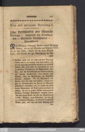 Drey und zwanzigste Vorlesung. Uiber Beredsamkeit oder öffentliche Vorträge - Geschichte der Beredsamkeit - Griechische Beredsamkeit - Demosthenes.