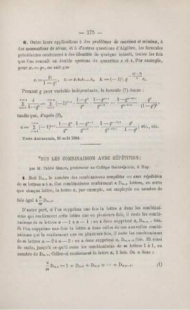 SUR LES COMBINAISONS A VEC RÉPÉTITION.